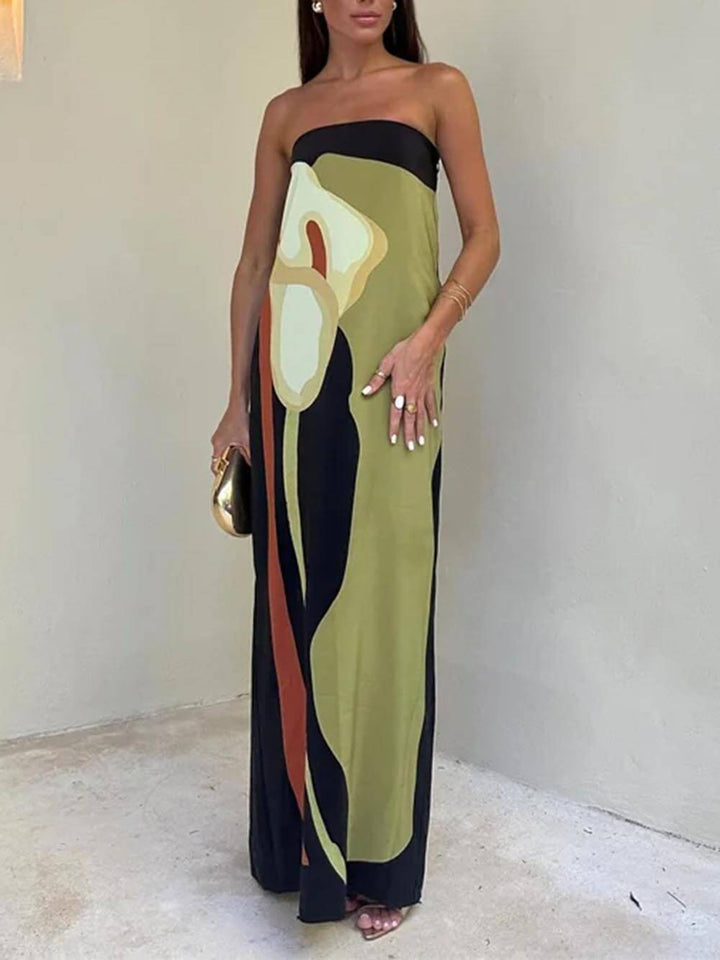 Liora | Robe maxi imprimée sans manches à épaules dénudées et contraste de couleurs
