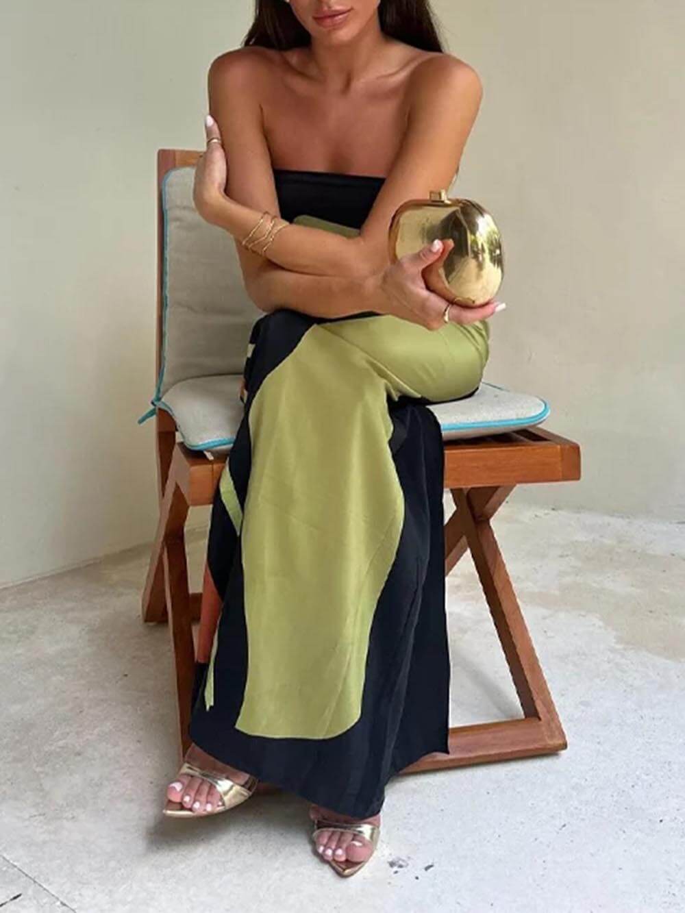 Liora | Robe maxi imprimée sans manches à épaules dénudées et contraste de couleurs
