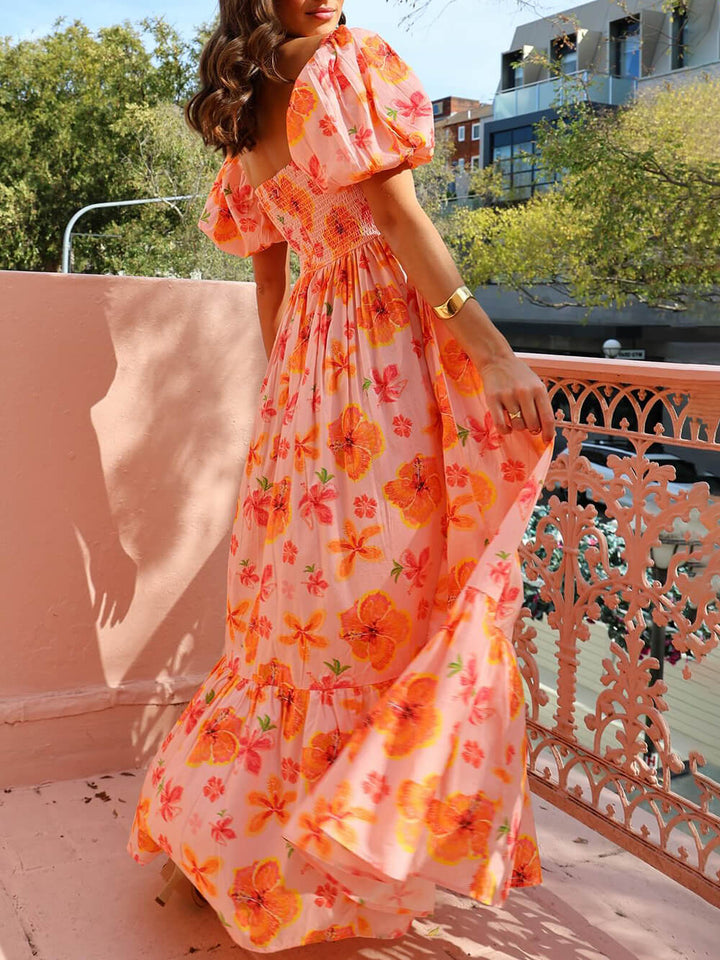 Élise | Robe Maxi à Manches Bouffantes, Imprimé Floral, Dos Smocké et Poches