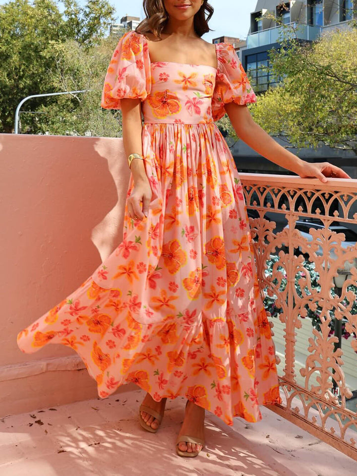 Élise | Robe Maxi à Manches Bouffantes, Imprimé Floral, Dos Smocké et Poches
