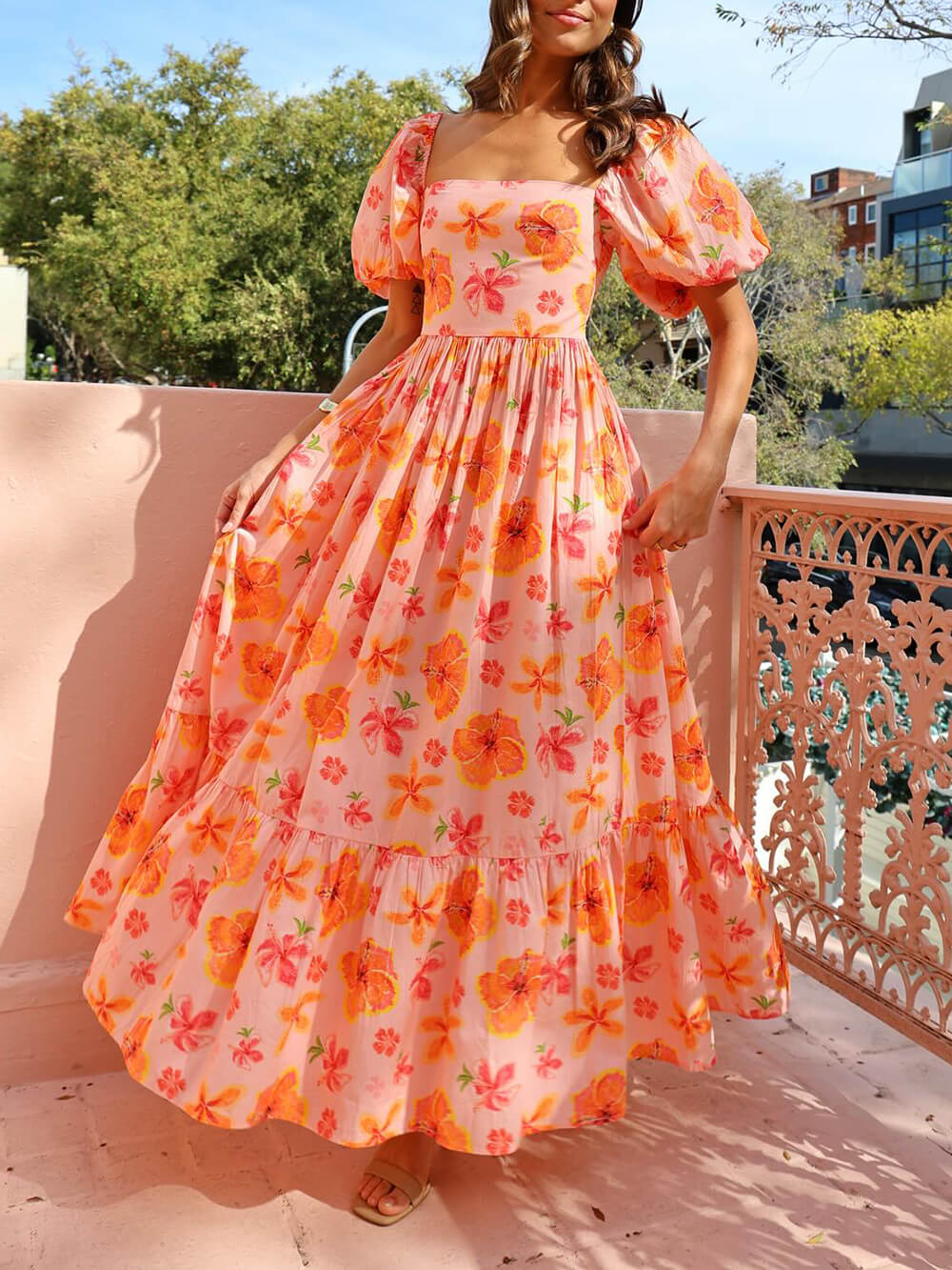 Élise | Robe Maxi à Manches Bouffantes, Imprimé Floral, Dos Smocké et Poches