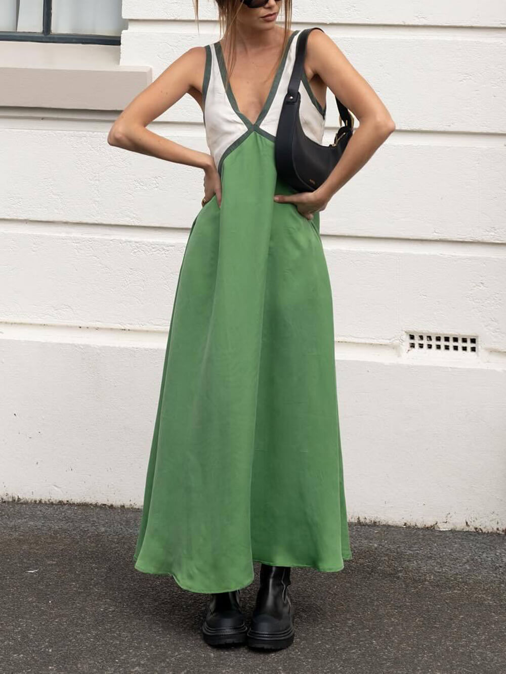 V-neck | Robe chic à empiècements de couleurs contrastantes