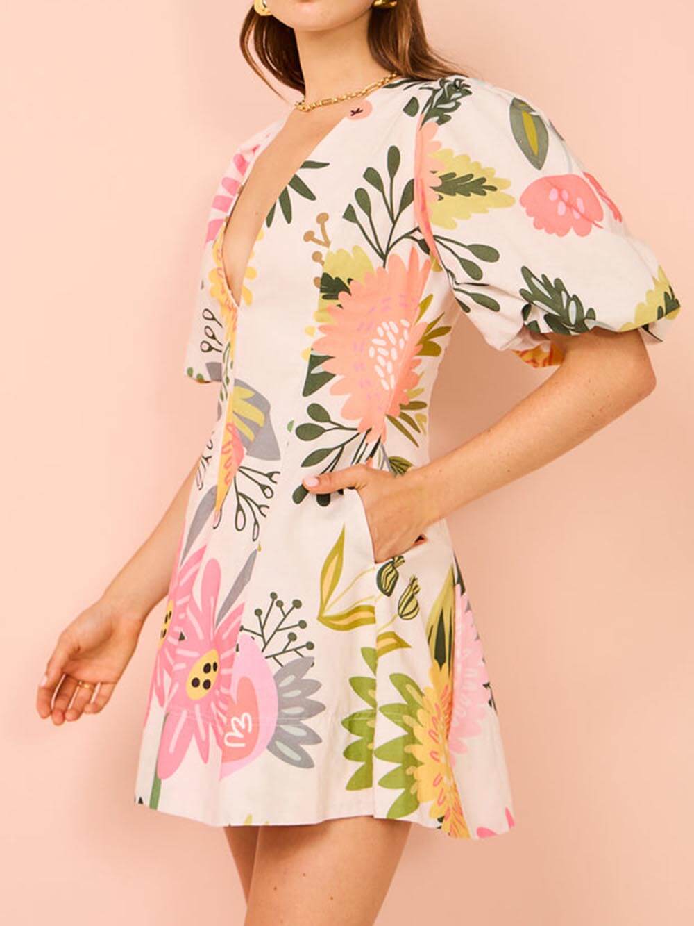 Lyra | Mini-robe à manches bouffantes imprimé floral avec poches