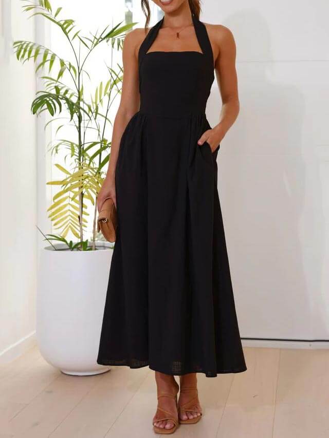 Waist | Petite robe noire à col halter mi-longue