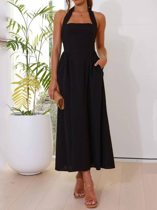 Waist | Petite robe noire à col halter mi-longue