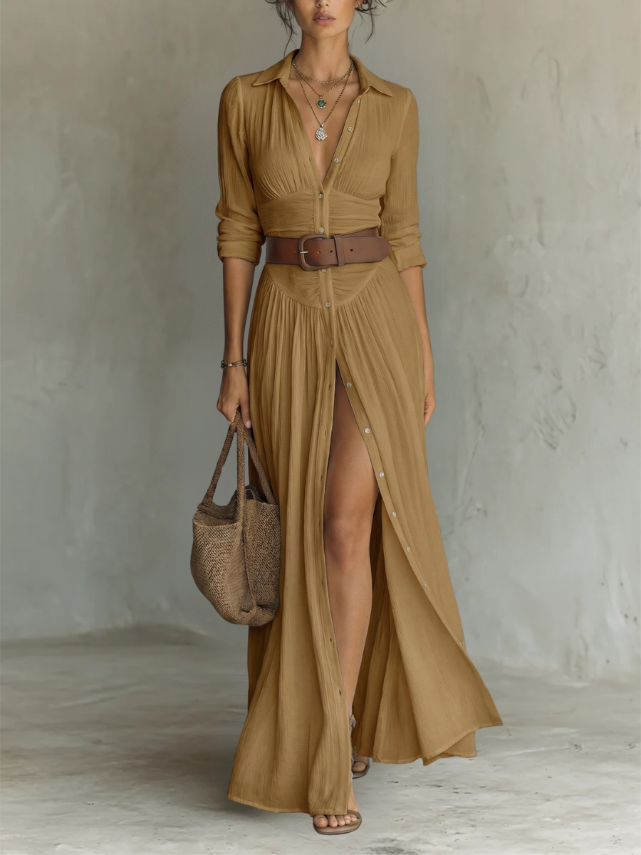 Olivia™ | Robe Maxi en Lin & Coton à Col Revers et Coupe Plissée Intemporelle