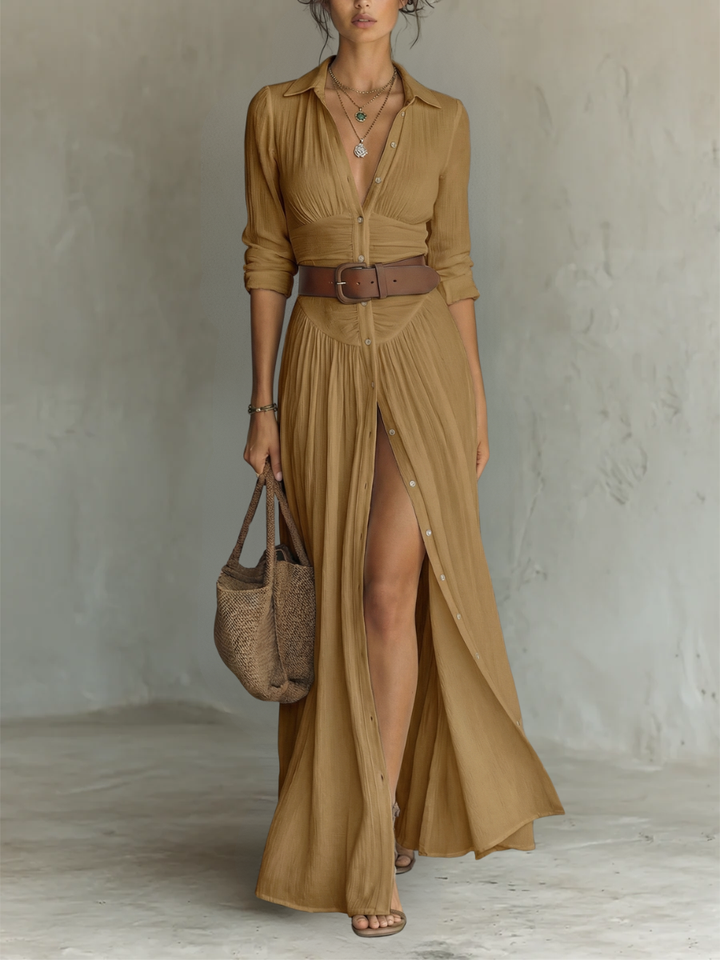 Olivia™ | Robe Maxi en Lin & Coton à Col Revers et Coupe Plissée Intemporelle