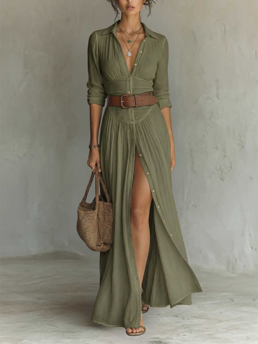 Olivia™ | Robe Maxi en Lin & Coton à Col Revers et Coupe Plissée Intemporelle