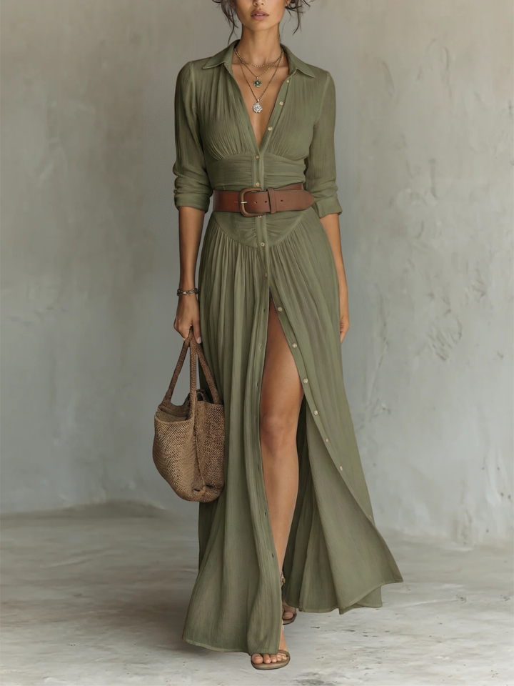 Olivia™ | Robe Maxi en Lin & Coton à Col Revers et Coupe Plissée Intemporelle