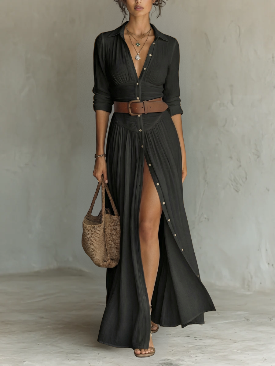 Olivia™ | Robe Maxi en Lin & Coton à Col Revers et Coupe Plissée Intemporelle