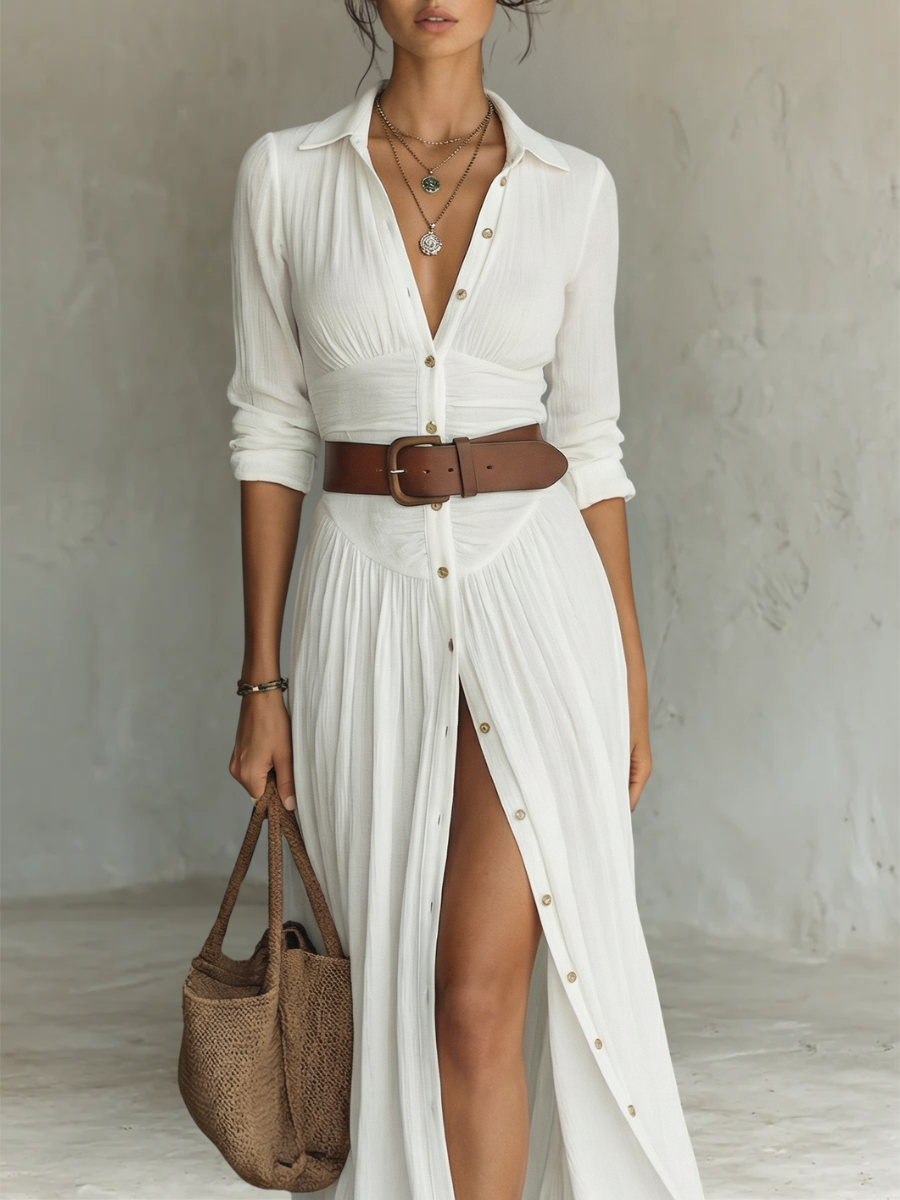 Olivia™ | Robe Maxi en Lin & Coton à Col Revers et Coupe Plissée Intemporelle