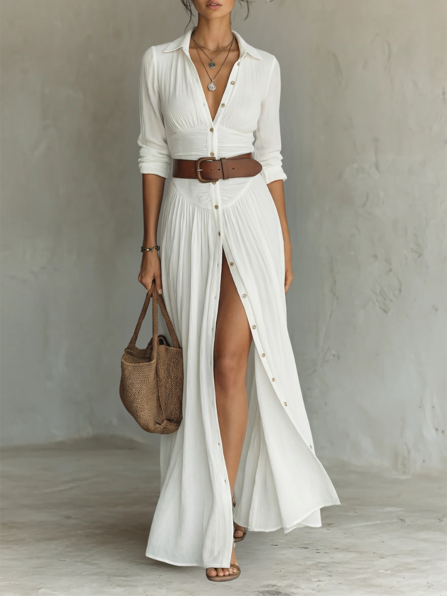 Olivia™ | Robe Maxi en Lin & Coton à Col Revers et Coupe Plissée Intemporelle