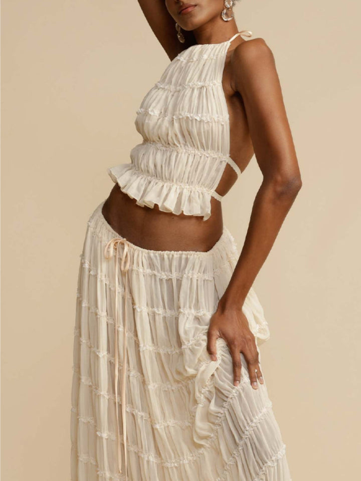 Isadora | Jupe maxi à volants avec cordon de taille et charme
