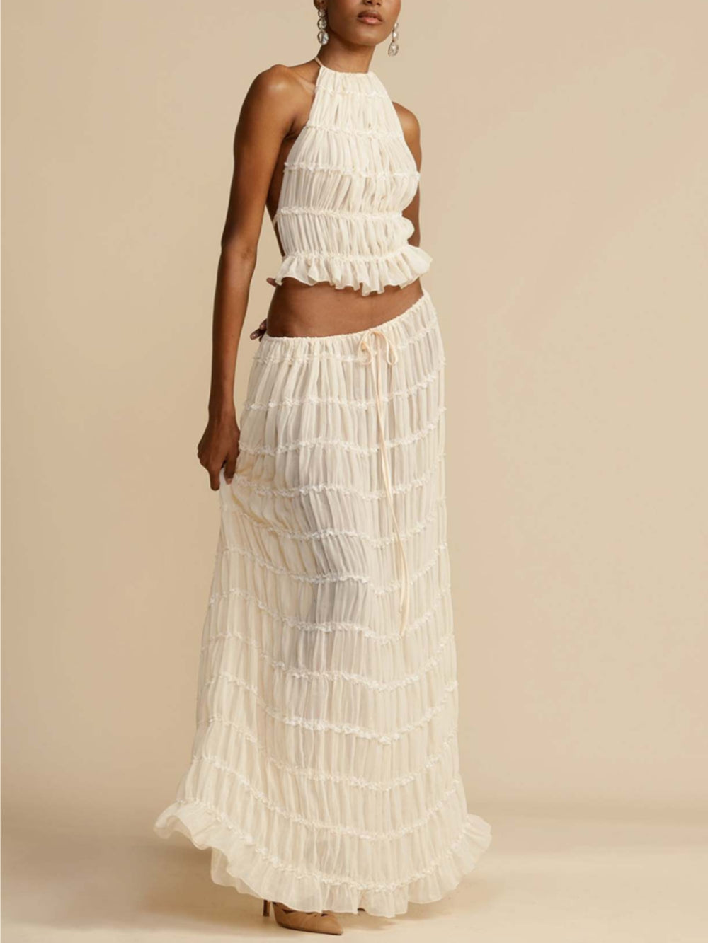 Isadora | Jupe maxi à volants avec cordon de taille et charme