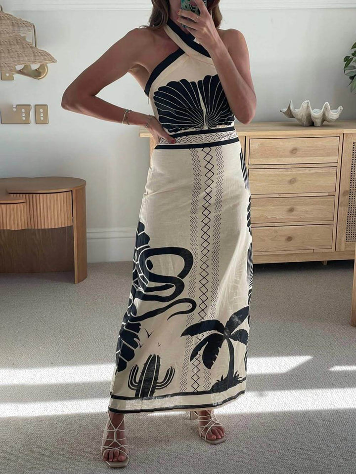 Selina | Robe maxi slim à col halter imprimé ethnique