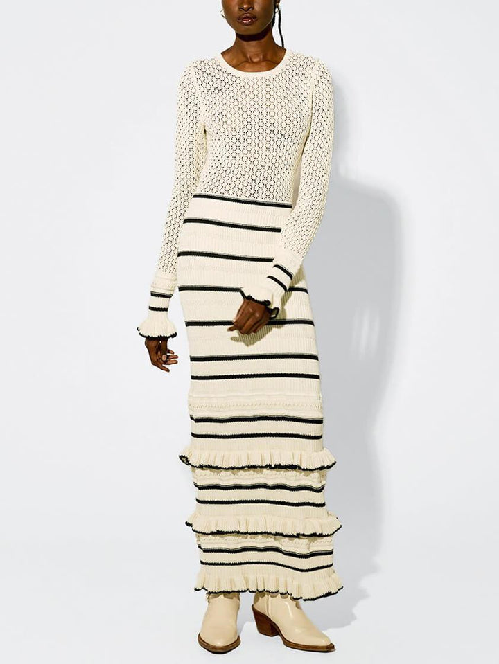 Knit | Robe longue à manches longues avec volants et rayures